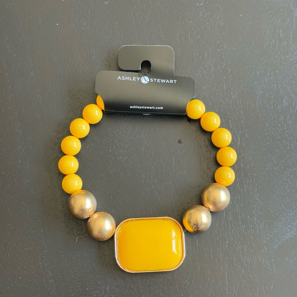 Ashley Stewart Gold And Yellow Beaded Bracelet With Rectangular Centerpiece